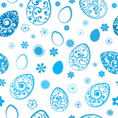 Seamless pattern of Easter eggs and flowers, light blue on white