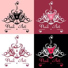 Nail art abstract logo bottle of nail polish with a brush, nail decoration with decorative patterns.