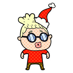 comic book style illustration of a woman wearing spectacles wearing santa hat