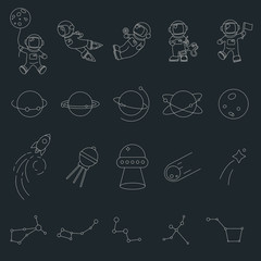 Line Art Space Icon Set. Cartoon Vector Illustration. Cute Character: Eyelash planet Earth throws a ball in the form of the moon, spaceman, dog in a spacesuit, Ursa Major, Rocket, UFO, Satellite