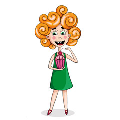 cute curly girl in a green sundress. holding a muffin with cherries. white background