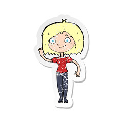 retro distressed sticker of a cartoon woman waving