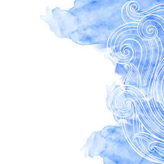 Vector hand-drawn waves and blue watercolor fragment on a white background. Marine background. Illustration with round space for text, can be used creating card or invitation card.