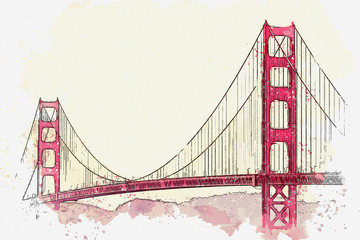 Fototapeta premium Szkic akwarela lub ilustracja pięknego widoku na most Golden Gate w San Francisco w Ameryce