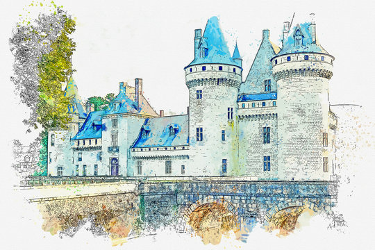 Watercolor sketch or illustration of a beautiful view of the castle of Sully-sur-Loire in France