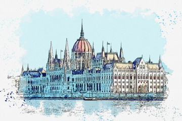 Watercolor sketch or illustration of a beautiful view of the Hungarian Parliament building in Budapest in Hungary. Traditional European architecture