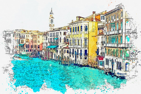 Watercolor sketch or illustration of a beautiful view of the Grand Canal and traditional houses in Venice in Italy