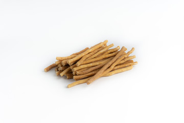 Natural toothbrush Miswak (Kayu Sugi) on white background 