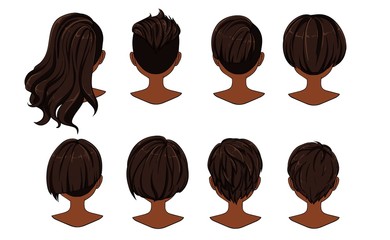 Beautiful hairstyle of woman hair. Rear view. modern fashion for assortment. long hair, short red hair salon hairstyles and trendy haircut vector icon set isolated on white background.