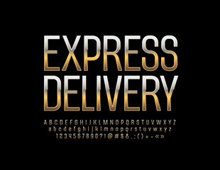 Naklejka na ściany i meble Vector luxury logo Express Delivery with Golden Alphabet Letters, Numbers and Symbol. Chic Font for Business, Marketing, Promotion