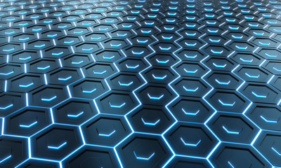 Glowing black and blue hexagons background pattern on silver metal surface 3D rendering