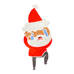 retro cartoon of a bearded man crying and stamping foot wearing santa hat