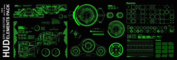 HUD elements mega set pack. Dashboard green display virtual reality technology screen.