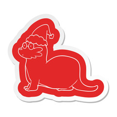 cartoon  sticker of a otter wearing santa hat