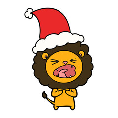 line drawing of a lion wearing santa hat