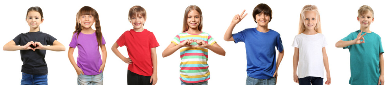 Cute children in different t-shirts on white background