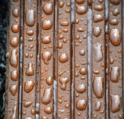 water drops on an impregnated wooden terrace after rain, impregnated wood lets water drip off and doesn´t allow dirt to adhere
