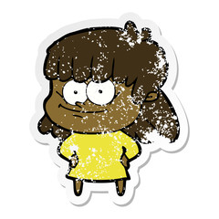 distressed sticker of a cartoon smiling woman