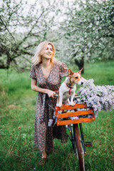 girl blonde in dress pushes a bike with a basket with a dog and flowers in the garden