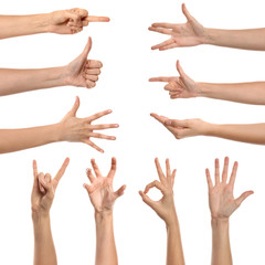 Gesturing female hands on white background