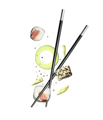 Tasty sushi rolls, avocado and chopsticks on white background