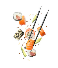 Rouleaux de sushi savoureux, avocat et baguettes sur fond blanc
