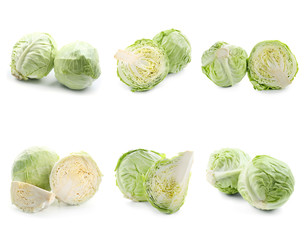 Set of ripe cabbages on white background
