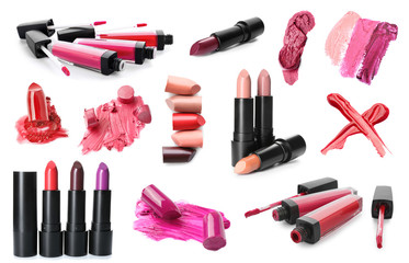 Different color lipsticks on white background