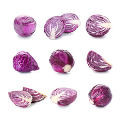Set with red cabbage on white background