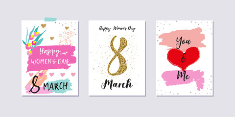Happy women's day. Set of poscards for 8 march with greeting tags. Collection of International Women's day greeting card. Brush lettering. Simple hand drawn elements, flowers, hearts. Golden number 8.