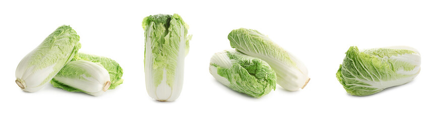 Set of fresh Chinese cabbage on white background