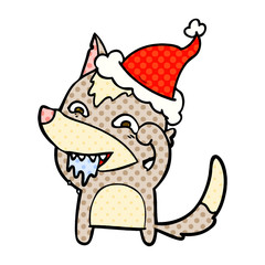comic book style illustration of a hungry wolf wearing santa hat
