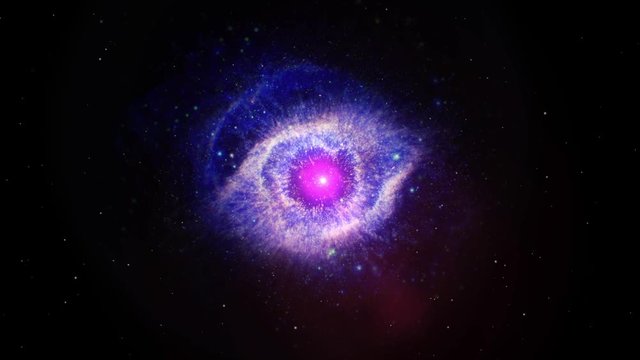 Space travel to Cat eye nebula slow rotating with purple clouds expanding and red bright flare light at center, stars field background. Contains public domain image from Nasa