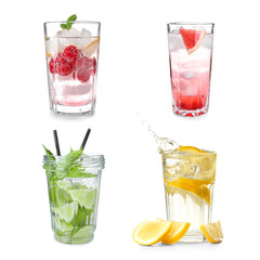 Set of different tasty lemonades on white background