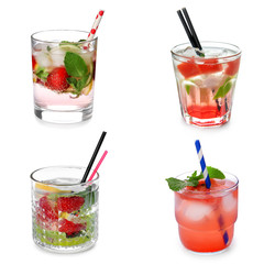 Set of different tasty lemonades on white background