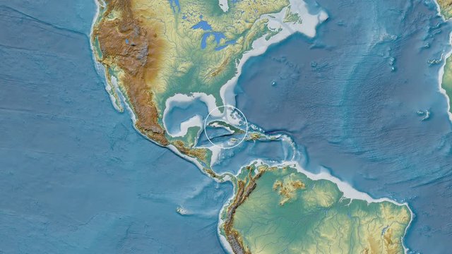Cuba area presented against the global relief map in the Patterson Cylindrical projection with animated oblique transformation