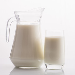 milk in a jug and glass isolated on white background