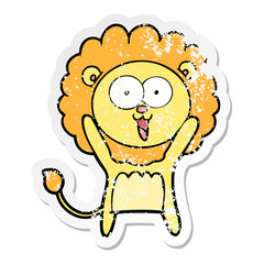 distressed sticker of a happy cartoon lion