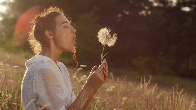 Beautiful young woman blows dandelion in a wheat field in the summer sunset. Beauty and summer concept