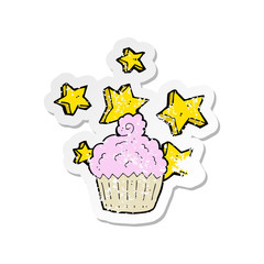 retro distressed sticker of a cartoon magical cupcake