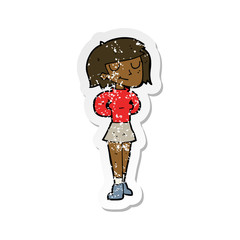 retro distressed sticker of a cartoon pleased woman