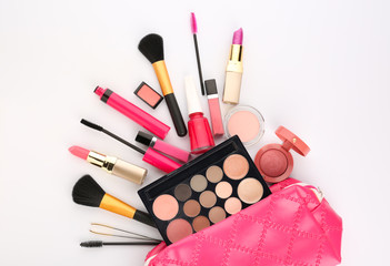 Set of cosmetics and accessories on white background