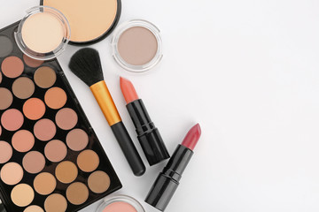 Set of cosmetics and accessories on white background