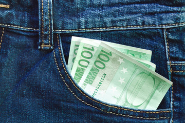 three hundred euros in jeans, European money, cash investments, cash in your pocket