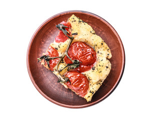 Plate with tasty Italian focaccia on white background