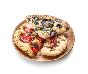 Plate with tasty Italian focaccia on white background