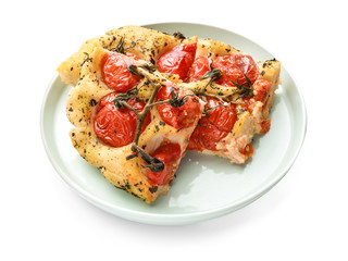 Plate with tasty Italian focaccia on white background