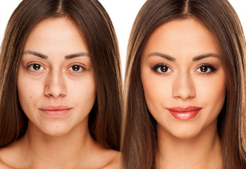 Comparision portrait of young woman without, and with makeup on a white background