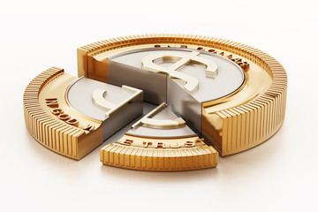 Sliced coin with dollar icon. 3D illustration