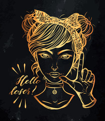 Vector illustration. Retro girl with hand gesture, Loser. Handmade, prints on T-shirts, tattoos, background chalkboard,gold color